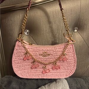 Coach Pink Crochet Shoulder Bag with Cherry Accents